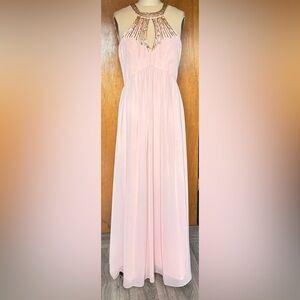 Elegant Coral chiffon gold embellishment Evening Gown in sz L